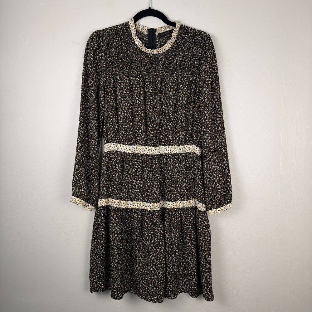 Downeast Tiered Dress Women Medium Black Yellow Ditsy Floral Smocked Cottagecore